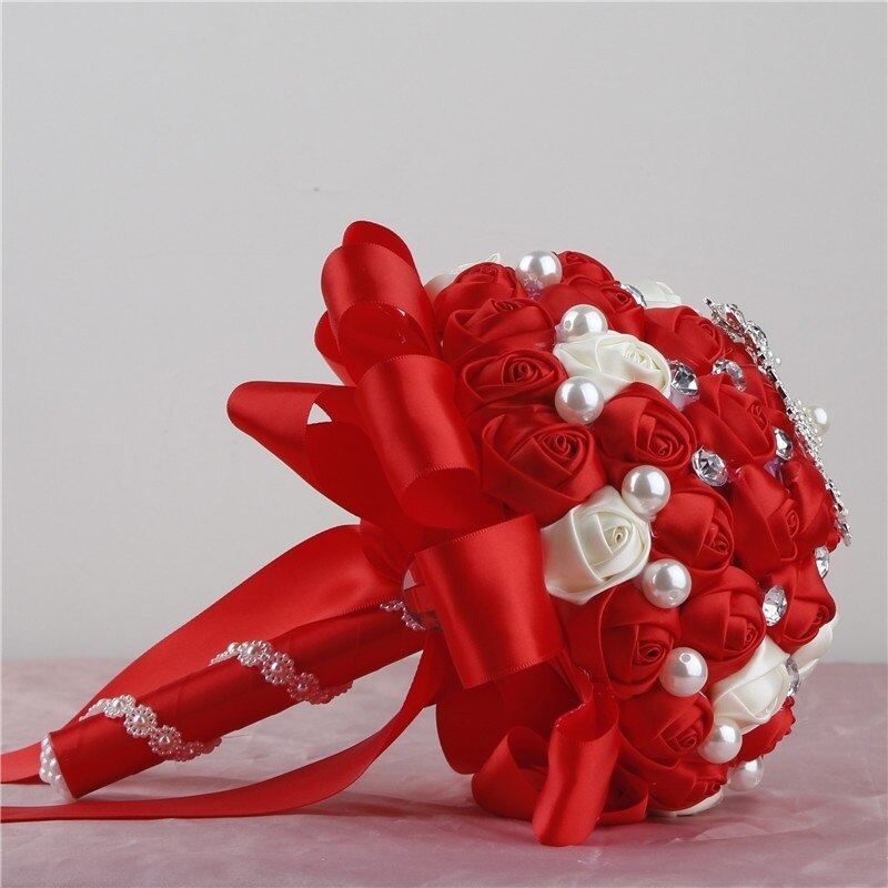 Gorgeous Crystal Beads Ribbon Royal Blue Wedding Bouquets Buque De Noiva Artificial Ramo Boda: Red