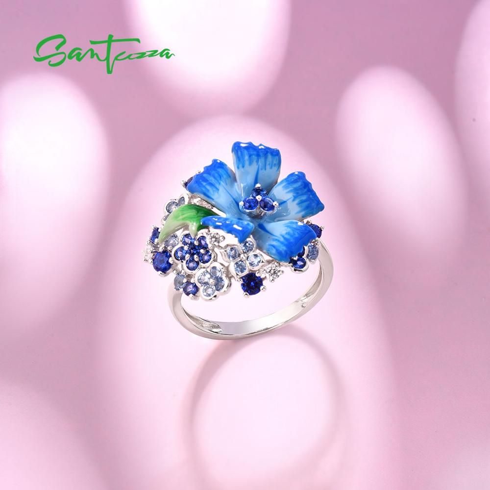 Santuzza Zilveren Ringen Voor Vrouwen Echt 925 Sterling Zilver Delicate Blauwe Bloem Trendy Fijne Sieraden Handgemaakte Emaille