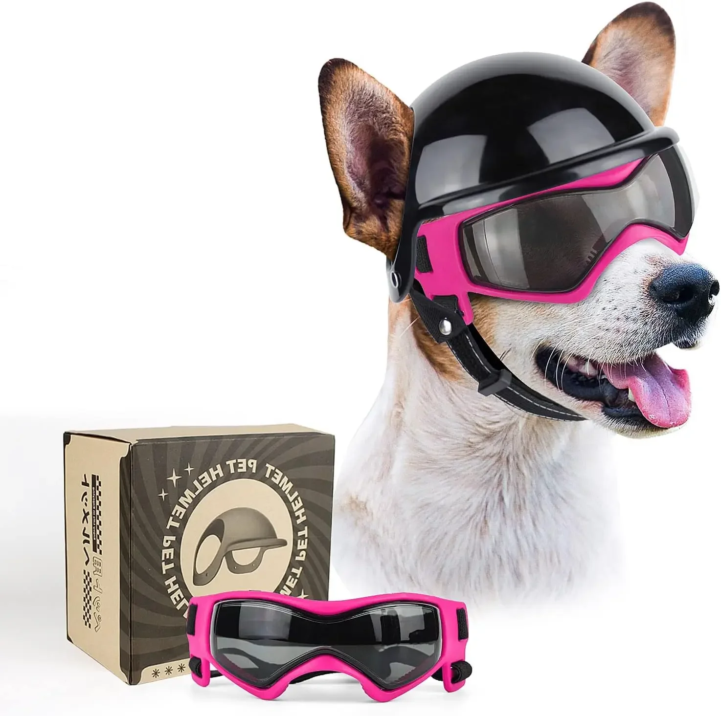 ATUBAN Lunettes pour chiens de petite taille avec casque, 2 lunettes de soleil pour chiens et ensemble de casques pour chiens de petite et moyenne taille pour la conduite en plein air et la marche: M / Rose