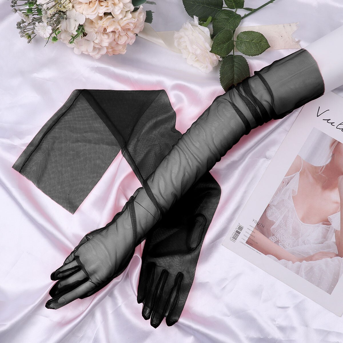 Elegantes guantes largos de tul transparente para mujer, guantes largos sexis de dedo completo para boda y , accesorios para damas de fotografía
