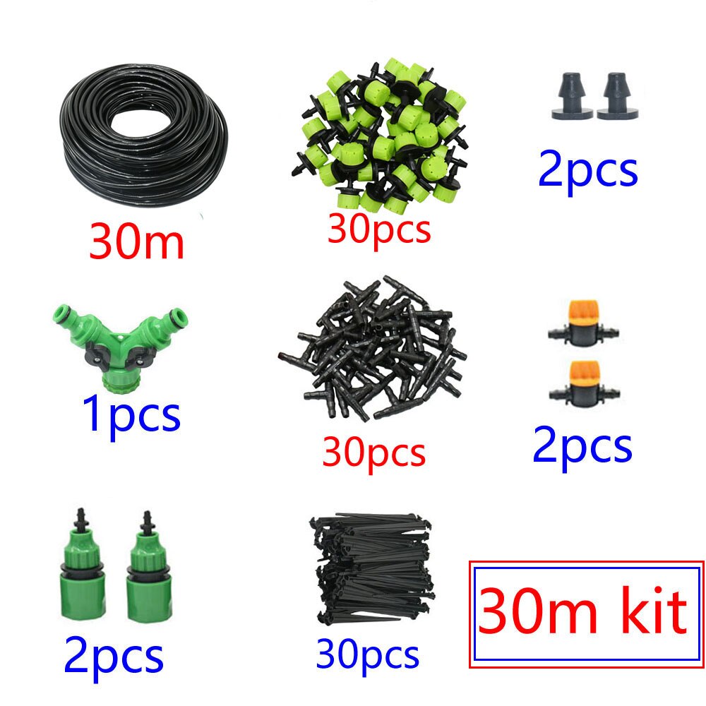 Sistema de riego por microgoteo automático para jardín, kit de autoriego por aspersión de 8 agujeros con gotero verde ajustable, 5-60M, 1/4 pulgadas: 30m