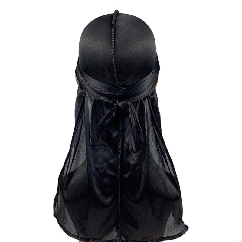 L93F Men's Soft Silky Durag Head Wrap Long Tail Dreadlocks Hat for Various Hair Type: black