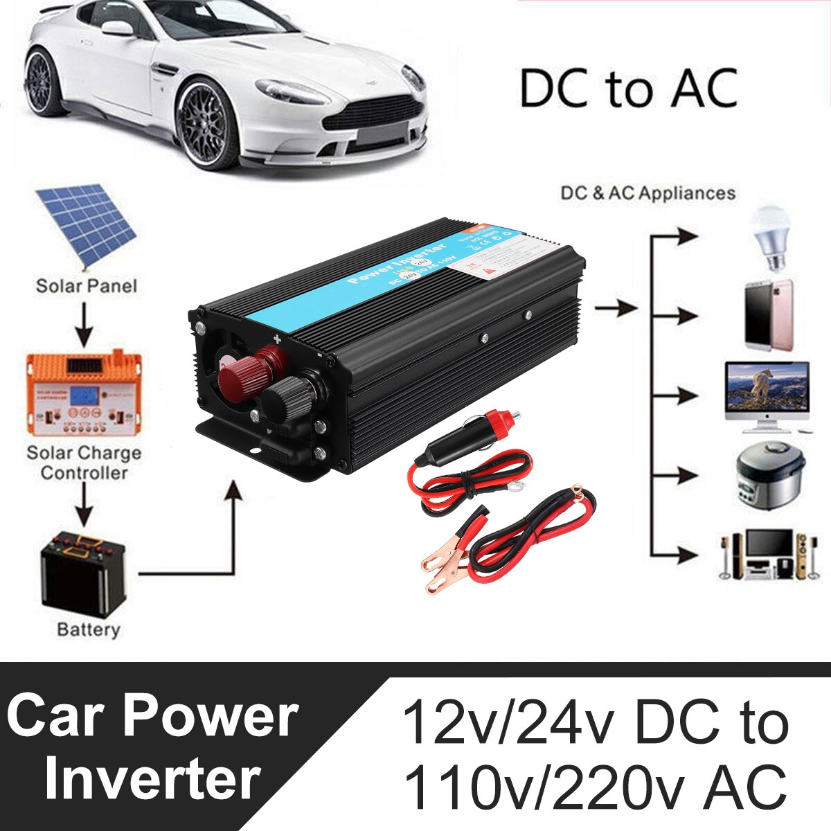Solar inverter 12/24v 110/220v 4000w p eak spænding transformer converter  dc 12v til  ac 220v bil inverter egnet til bilbatteri