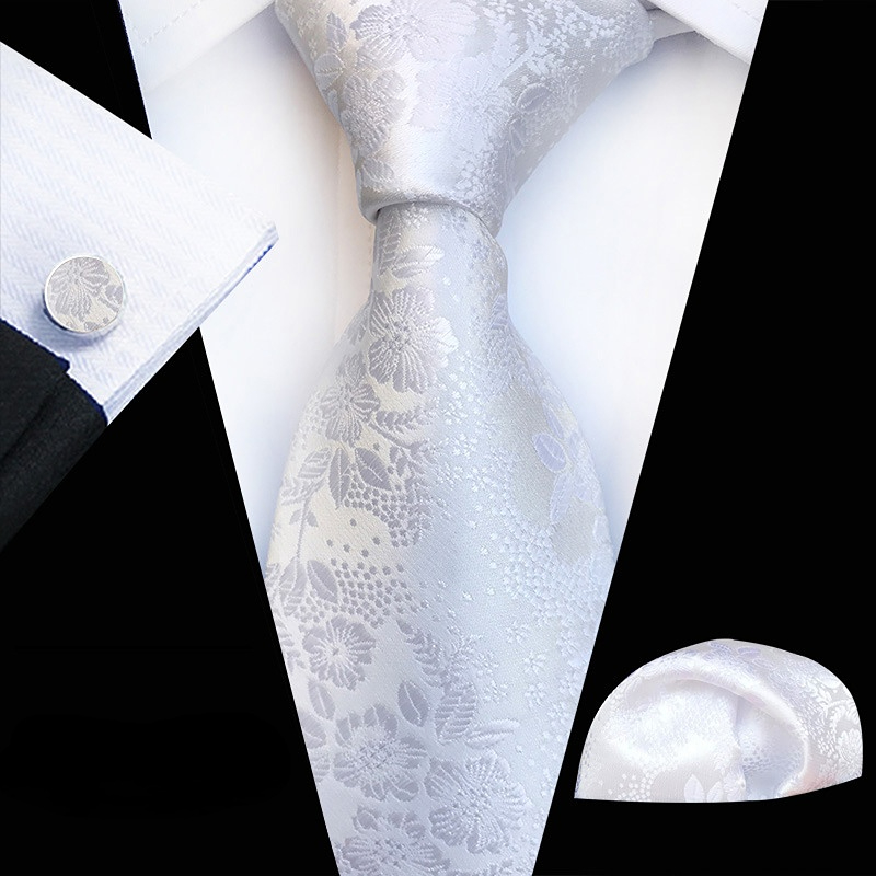 1set Men's Plum Paisley Tie Three Piece Suit Including Tie Pocket Towel Cufflinks: WHITE
