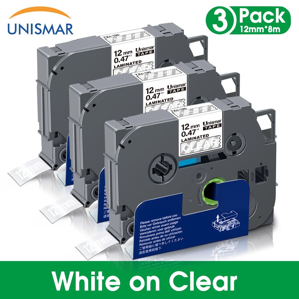 Unismar 3PK Black on White TZe-231 TZe231 Laminated Label Tape 12mm Printer Ribbon for Brother P-touch PT-1000 Label Maker: White on Clear