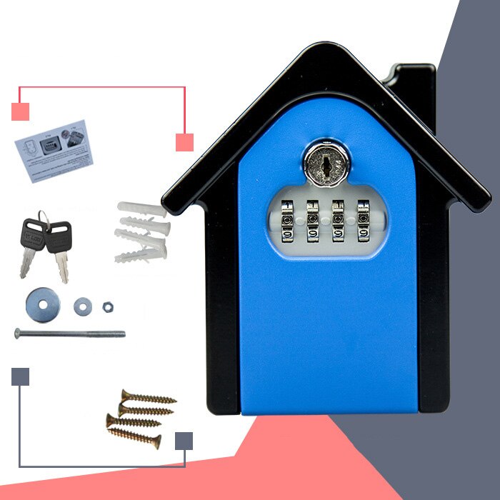 Caja de Seguridad para llaves, candado con contraseña y llave para el hogar, familia, exteriores, caja de almacenamiento con combinación montada en la pared: Blue