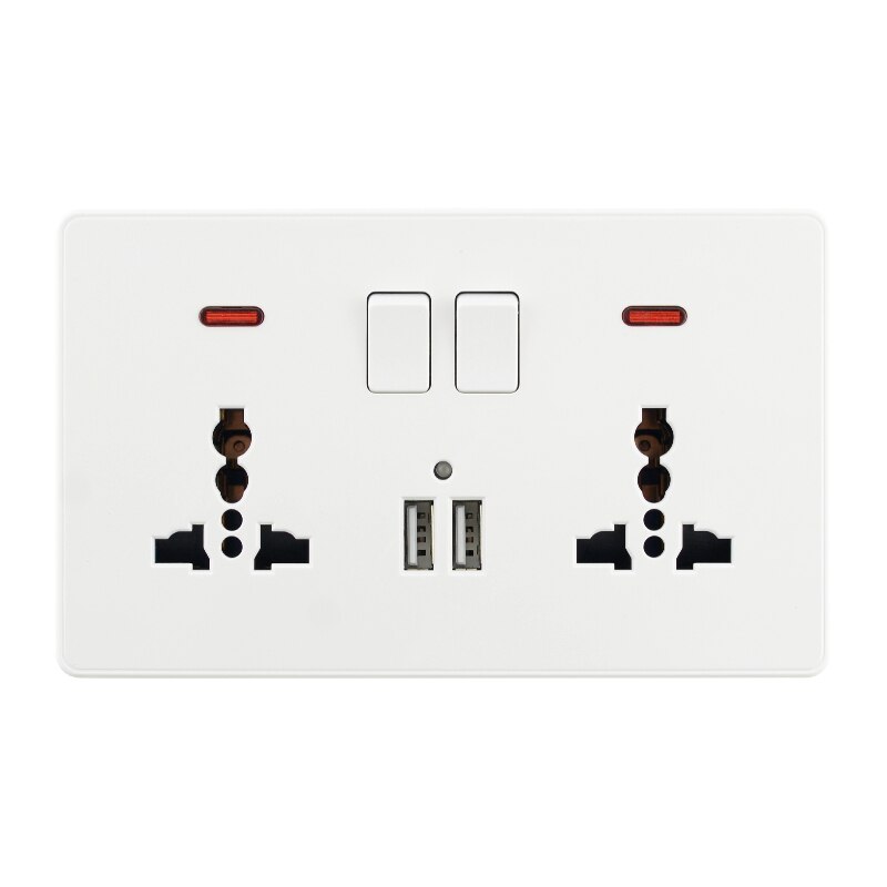 Universal Power Socket 3 Pins 13A Dual USB Ports LED Indicator Single Double Wall Outlet White Plastic 86 146 Type EU DE FR: Dual Socket  2USB