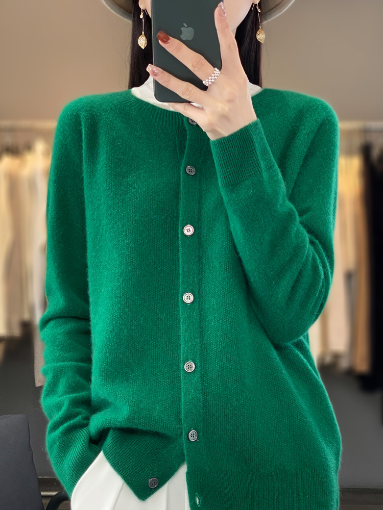 mujer 100% cárdigans de lana merina suéter de cachemira Otoño Invierno cuello redondo prendas de punto de manga larga ropa básica femenina Tops
