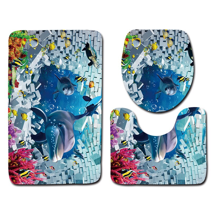 Zeegle 3D poisson imprimé salle de bain tapis 3 pièces anti-dérapant tapis dans les toilettes lavable piédestal tapis couvercle toilette couverture tapis de bain: Fish 02