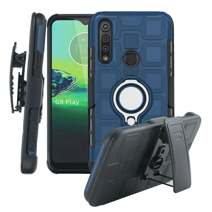 Clip da cintura Holster Capa per Motorola Moto G8 Più Cassa di Lusso del Metallo Anello di Supporto per Moto G8 Caso Gioco G8 + G 8 Più Antiurto: For Moto G8 Plus / Navy Silver ring