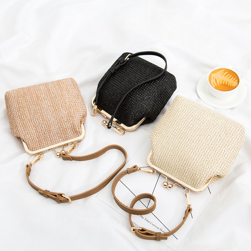 Moda concha saco de palha designer clipe de corrente feminina ombro crossbody sacos rattan bolsas femininas pequeno tecido verão praia bolsas