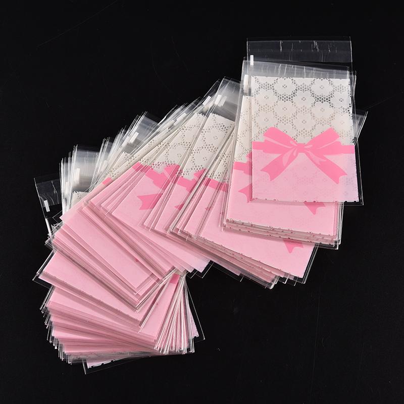 100 Pcs Mooie Roze Boog Snoep Schattige Papieren Verpakking Cake Pakketten Opp Plastic Pakket Tas