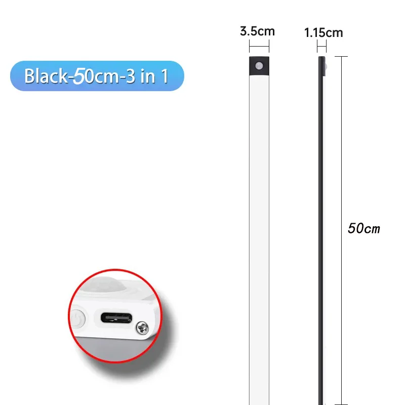 Lumière d'armoire Led avec capteur de mouvement, Rechargeable par USB, trois couleurs dans une lampe pour cuisine, garde-robe, éclairage intérieur 10/20/30/40/60cm: Lumière douce