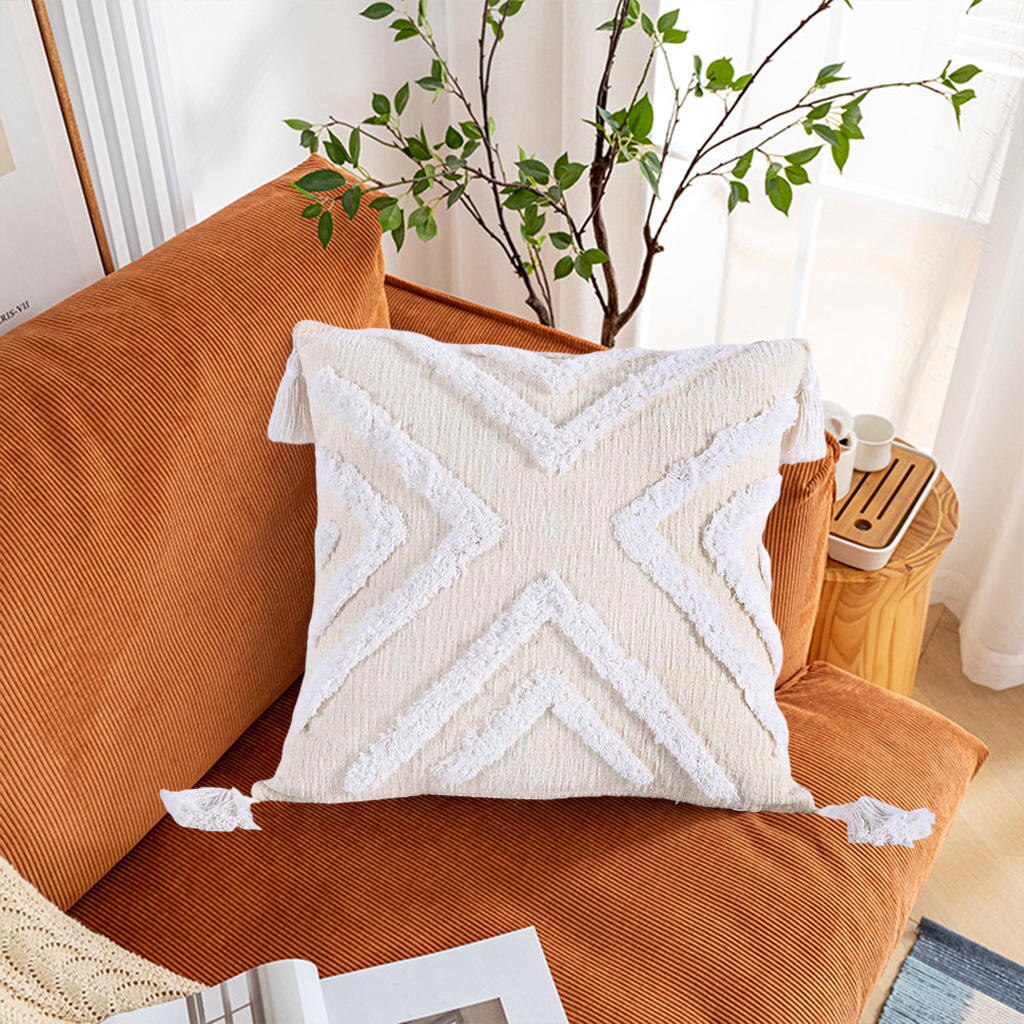2Pcs Boho Throw Pillow Cover Cotton Woven Tufted Pillowcases White