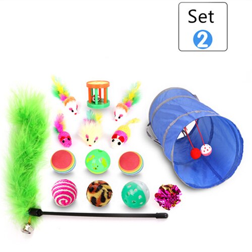 10/15/17/20pcs Pet Cat toy Set Cat Feather Toys Teaser Wand Pet Ball Rings Interactive Products Cat Tunnel Toy Telescopic Rod: 15pcs
