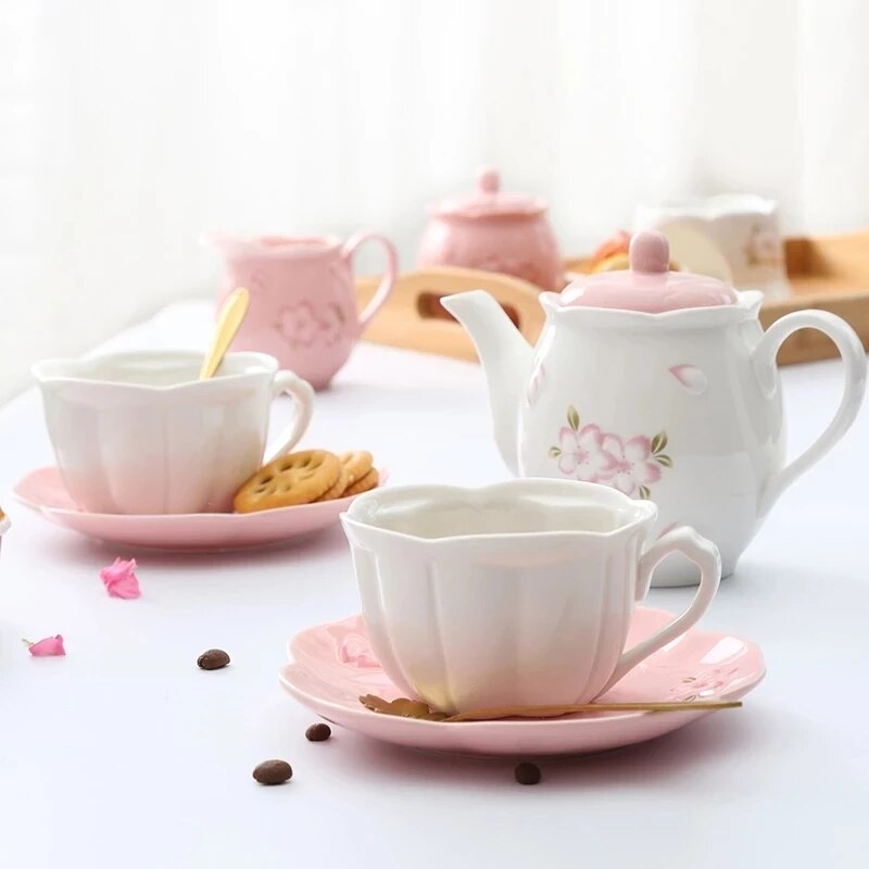 Japanese style cherry blossom ceramic embossed mugs coffee cup set tea cup and pot set afternoon tea ceramic cup and saucer