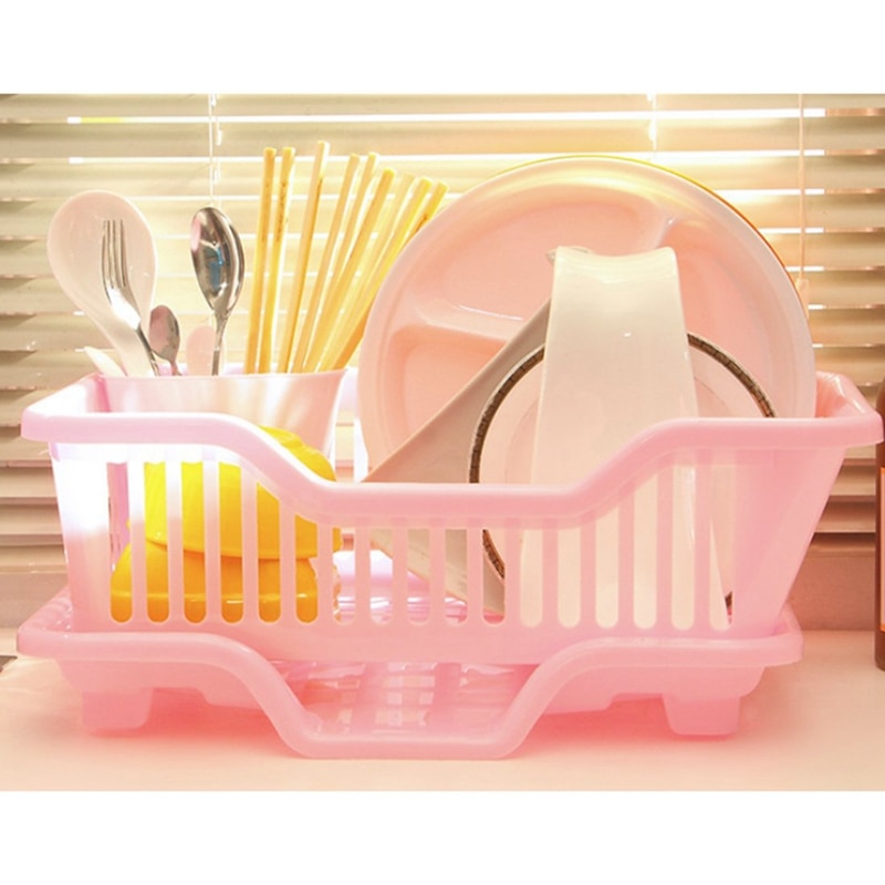 Environmental Plastic Kitchen Sink Dish Drainer Set Rack Washing Holder Basket Organizer Tray, Approx 17.5 x 9.5 x 7INCH (Pink): Default Title