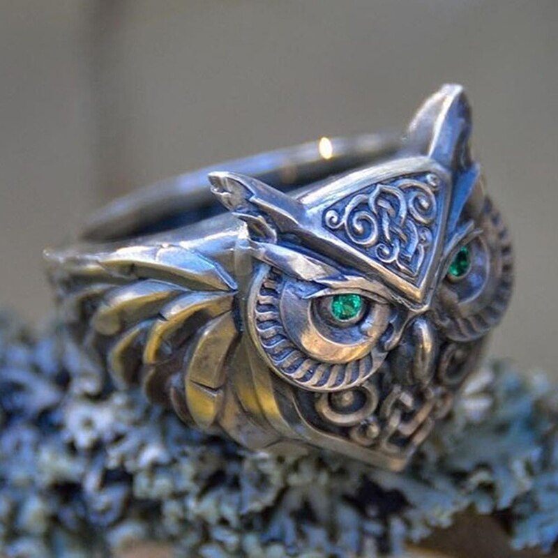 Retro grøn øjen ugle ring messing legering klassisk etnisk stil mænd og kvinder ring smykker