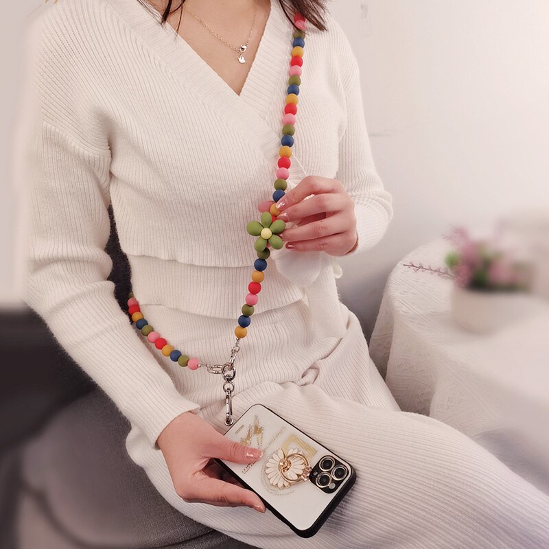 Crossbody Beaded Flower Beaded Lanyard Trendy Mobile Phone Case Clip Universal Chain For Girls Cellphone Strap Anti-Lost Lanyard