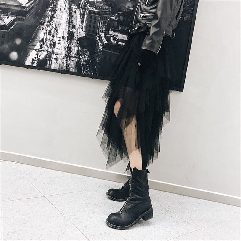Elastisk hög midja oregelbunden tyll midi kjol dam mesh tutu maxi veckad lång kjol faldas mujer moda saias jupe