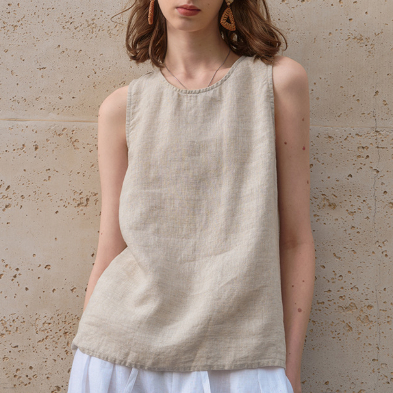 100%  ermeløse tanktopper i lin for kvinner, sommer, avslappet topp med knapper bak, elegant rund hals, hvite topper: S / Beige