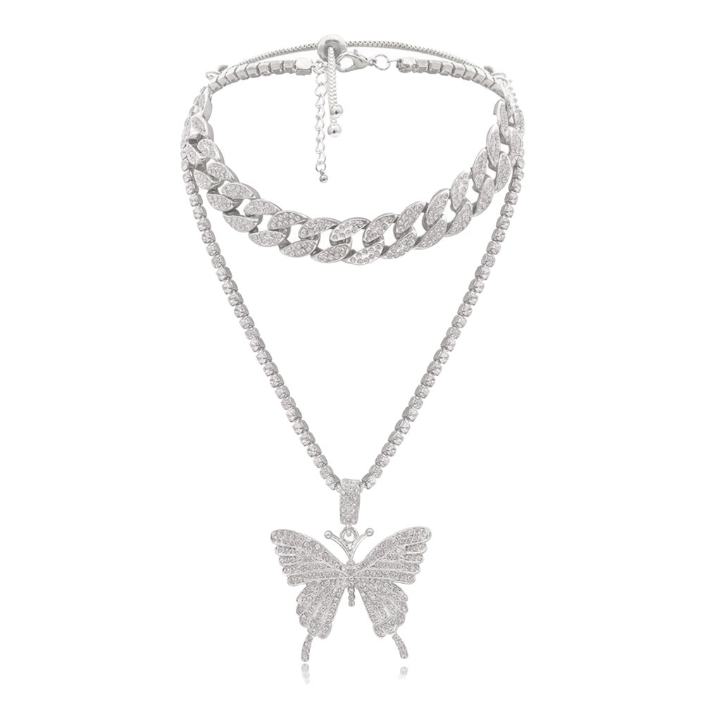 Vrouwen Mode Punk Stijl Rhinestone Vlinder Hanger Collier Sieraden: SILVER