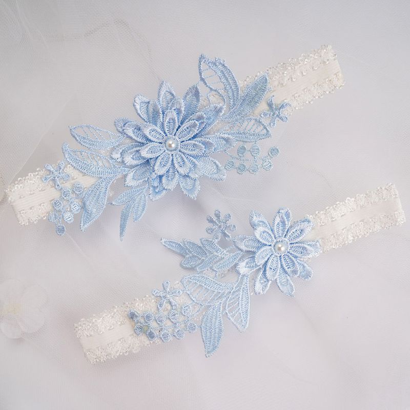 Kvindelige brude stretch blonder lårringe sæt himmelblå broderet blomst applikation patchwork faux perle bryllup prom strømpebånd