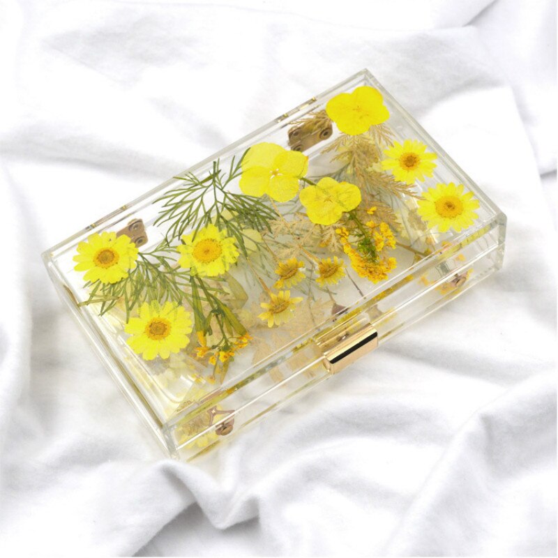 Daisy Flower Women Evening Bag Transparent Acrylic Handbag Wedding Party Bride Purse Clear Box Clutch Chain Shoulder Bag