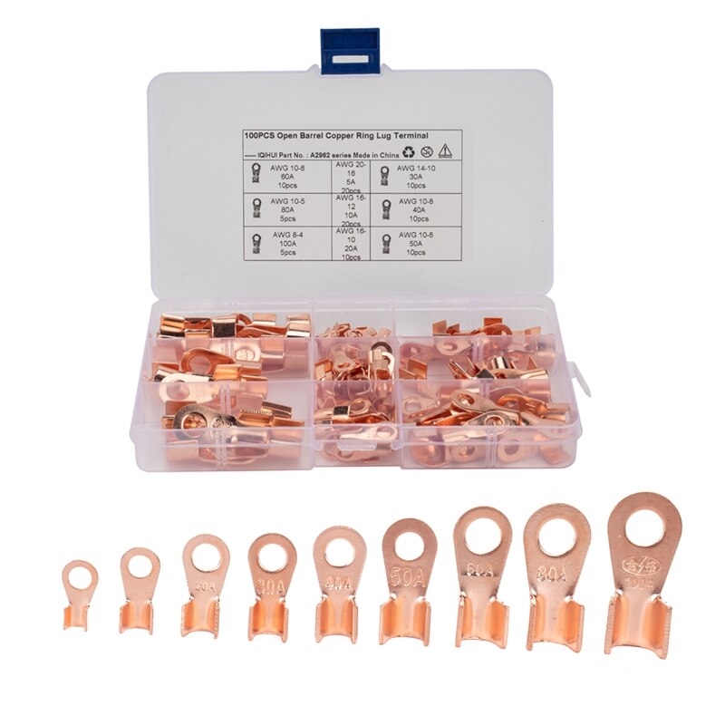 Battery Cable Copper Open Barrel Ring Lug Terminals Connectors Assortment Kit Wire Crimp Connector OT: 100