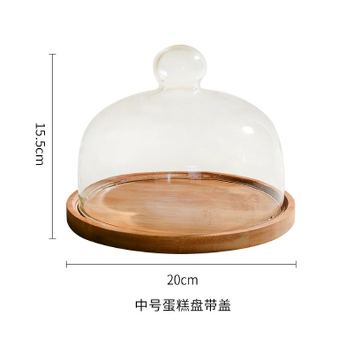 Round Wooden Cake Plate Glass Cover Dessert Pastry Display Tray Household Fruit Bread Plate Cake Decoration Accessories: M-With glass cover