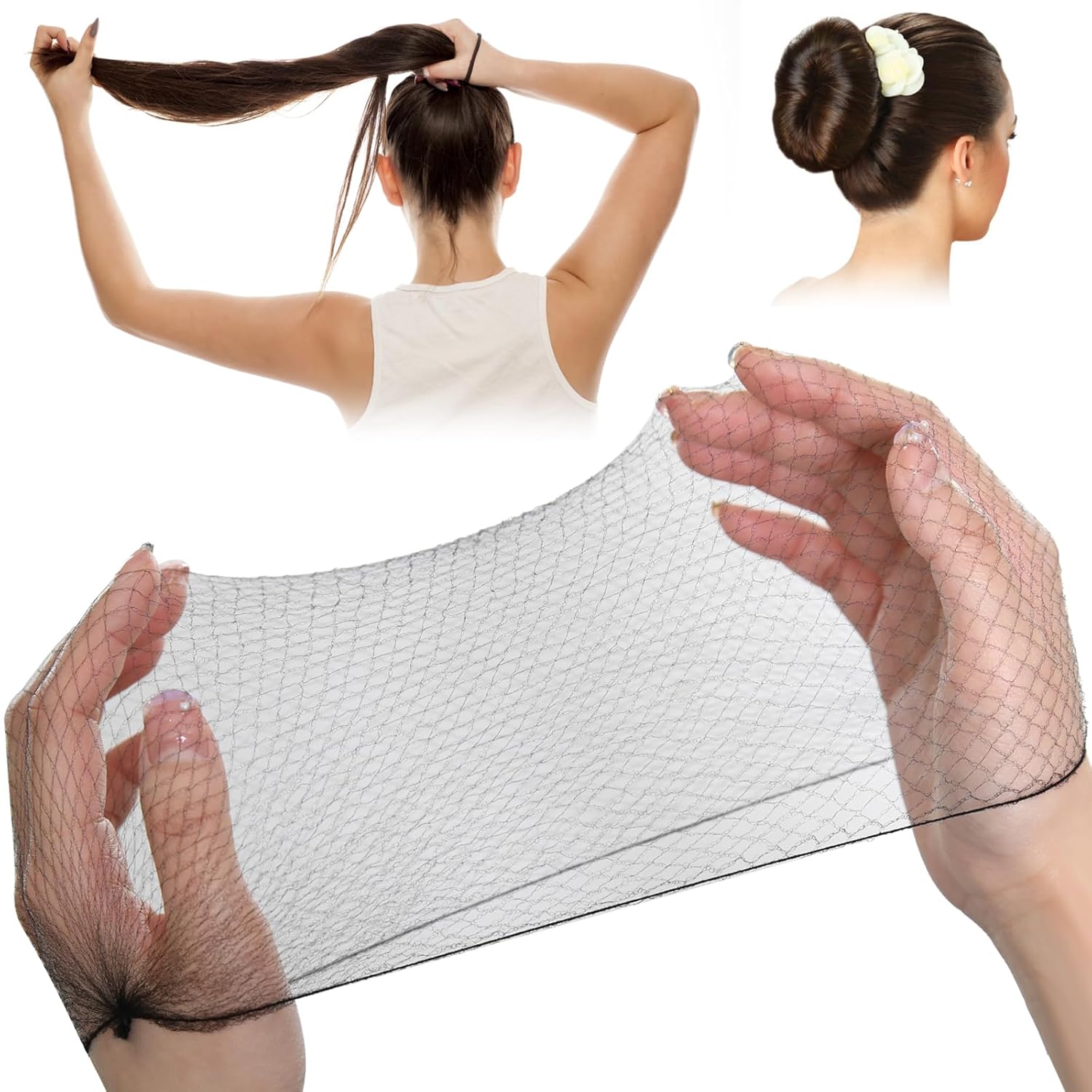 Redecilla para el cabello negra - 100 unidades - Redecillas invisibles para el cabello de nailon de 24 pulgadas para mujeres y hombres - Perfecta para moño, dormir y comida de cocina: Color negro natural
