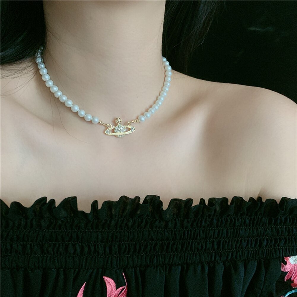 Luxe vintage klassieke saturnus parelketting, vrouwelijke zoetwaterparel, sleutelbeenketting, korte ketting, armband, toa: 1c
