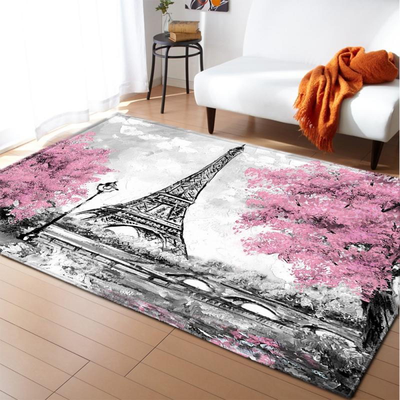 Retro Parijs Toren Roze Bloem Mooie Tapijt Woonkamer Tapijt Slaapkamer Tapijt