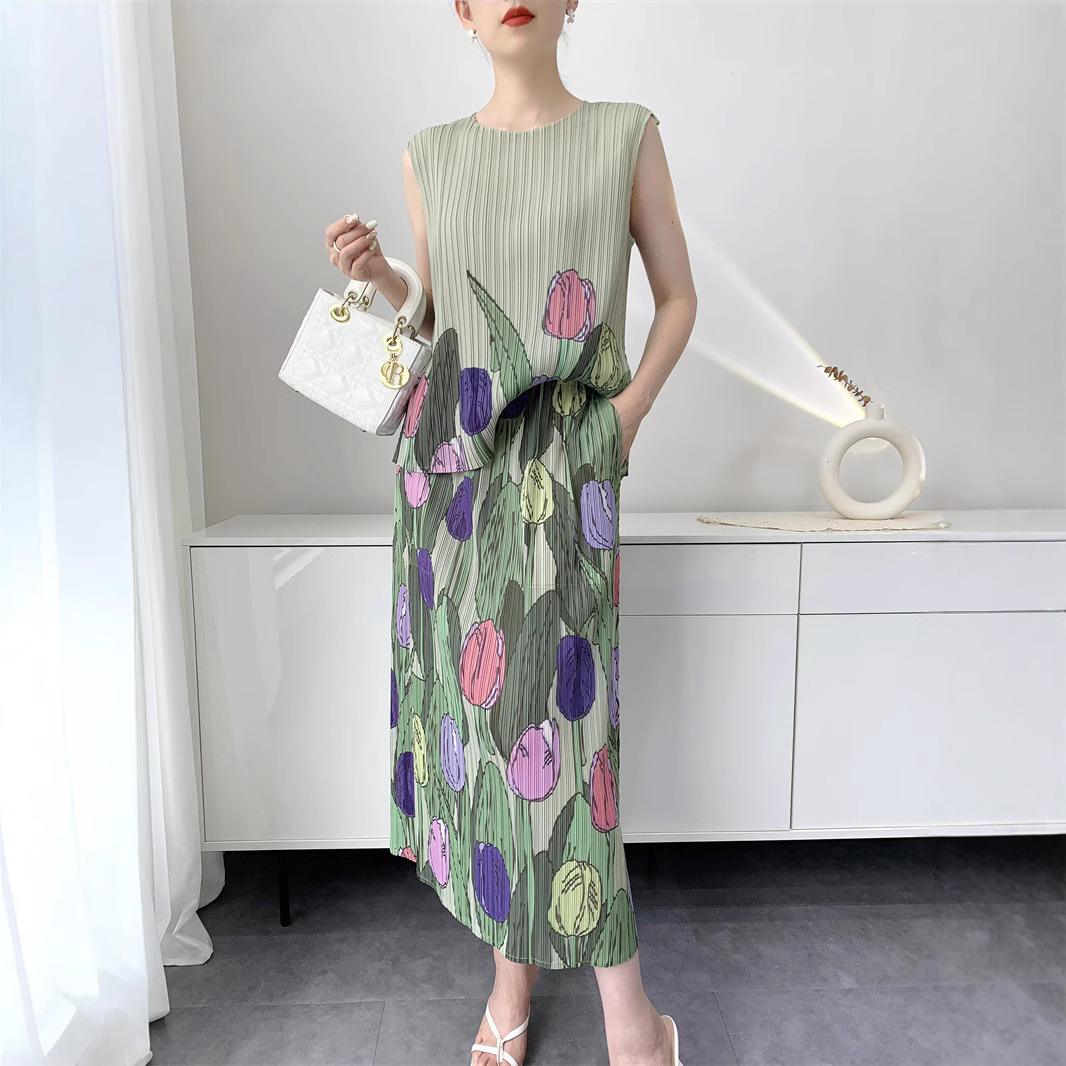 Miyake Wind Plissee Druck Anzug Frauen 2025, Sommer Neue Bequeme Top + Halb Rock Temperament Alterung Anzug