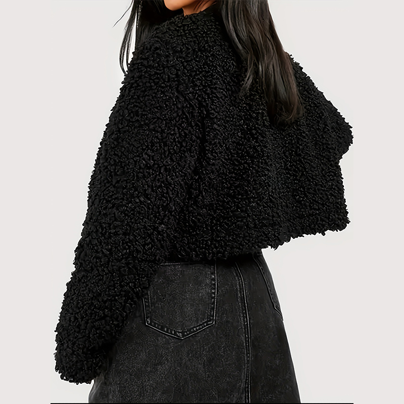 Herbst Winter warme Plüsch Patch Taschen Klappen verkürzte Jacke Mantel Frauen Jahrgang Langarm weibliche Oberbekleidung schicke Spitzen