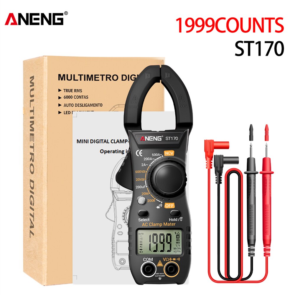 ANENG ST170 Digital Clamp Meter DC/AC Current Multimeter Ammeter Voltage Tester Car Amp Hz Capacitance NCV Ohm Test: Black