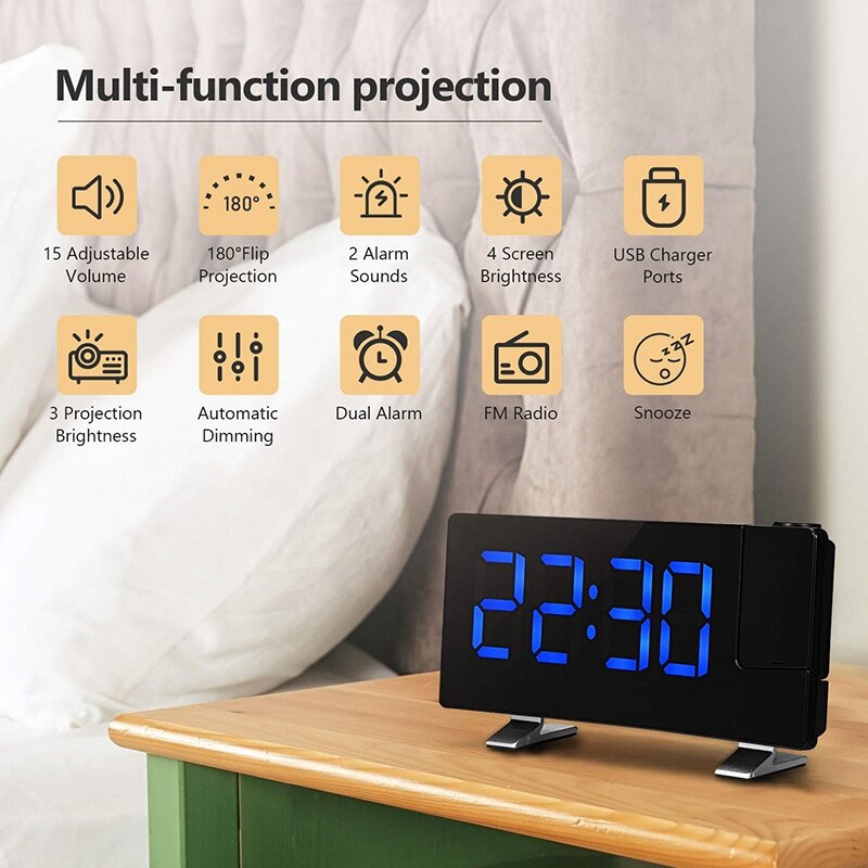 Projection Alarm Clock, 7 inch LED Curved-Screen Large Digital Display, Adjust Brightness Automatically, 12/24 Hour,Dual Alarm