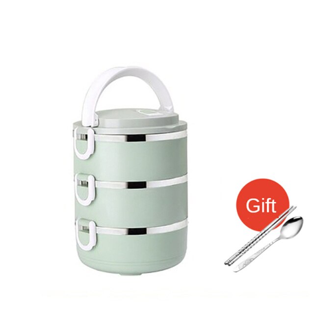 Microwave Stainless Steel Thermal Lunch Box Food Storage Box Travel Picnic Leakproof Lunch Box Students Adult Lunch Box: Green 3 Layer