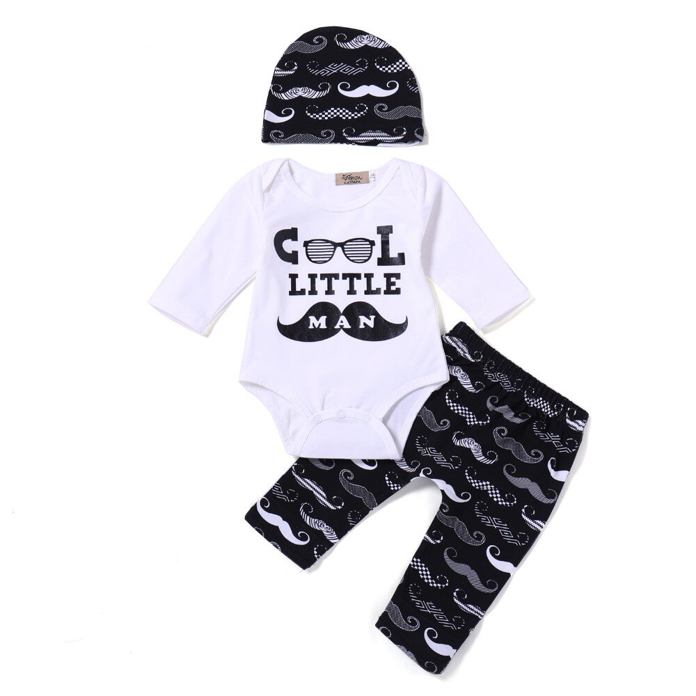 Cool litttle Man Baby boy clothing 2PCS Suit Baby Romper +Long Moustache Pants +Hat Newbon Baby boys Outfits Set