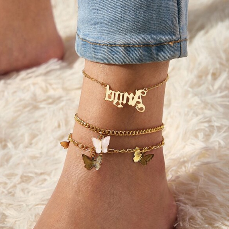 Summer Beach Ankle Bracelet Girls Butterfly Angle Letter Alphabet Pink Pendant Alloy Multilayer Foot Jewelry For Womens