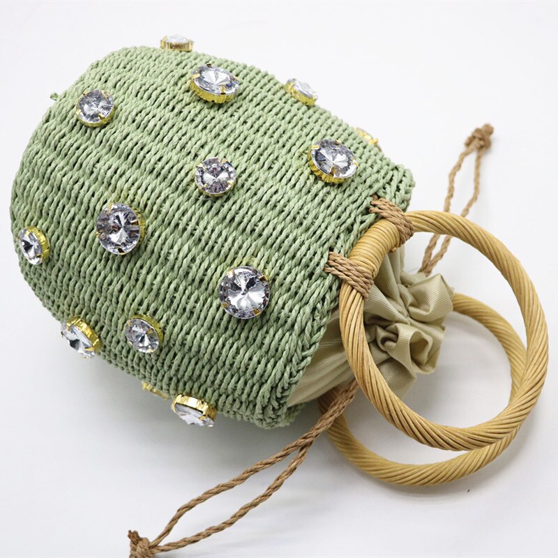 Sommer rund rattan håndlavet diamant perle taske boheme fritid strå taske spand strikning skulder crossbody perler strandtaske