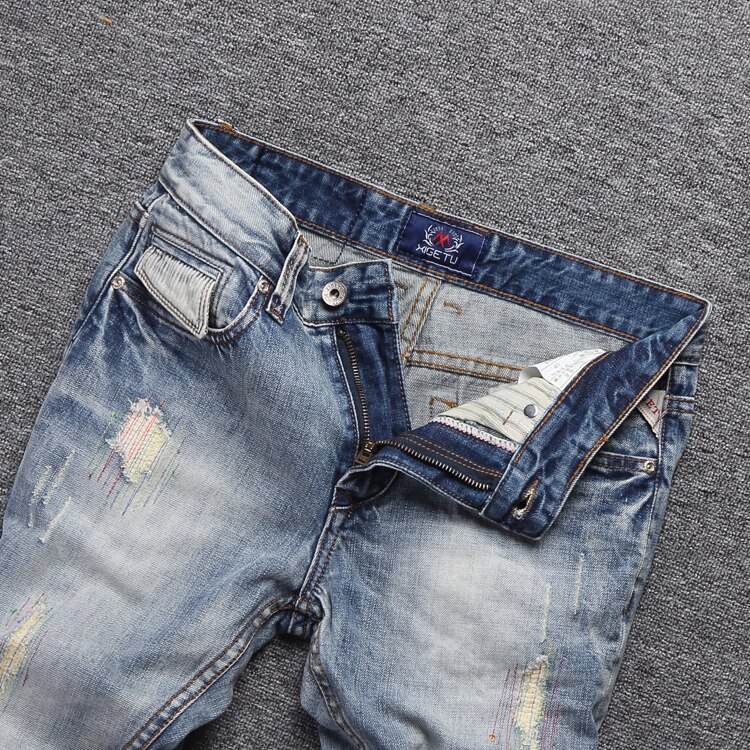 Streetwear heren jeans lichtblauw slim fit destroyed ripped jeans voor heren borduurwerk patch vintage klassieke jeans