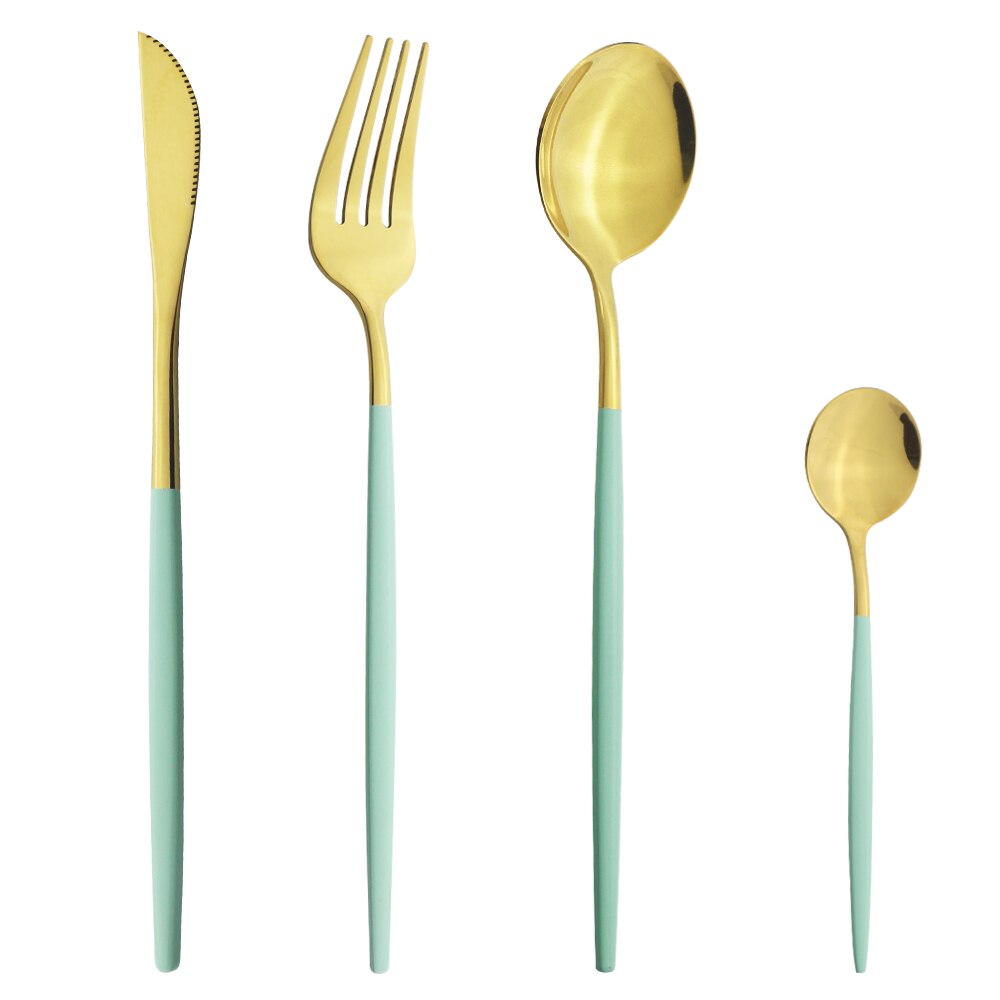 Schwarz Silber Besteck Set Abendessen Messer Dessert Gabel Löffel Stäbchen Geschirr Set Edelstahl Besteck Küche Geschirr: 4Pcs Mint Gold
