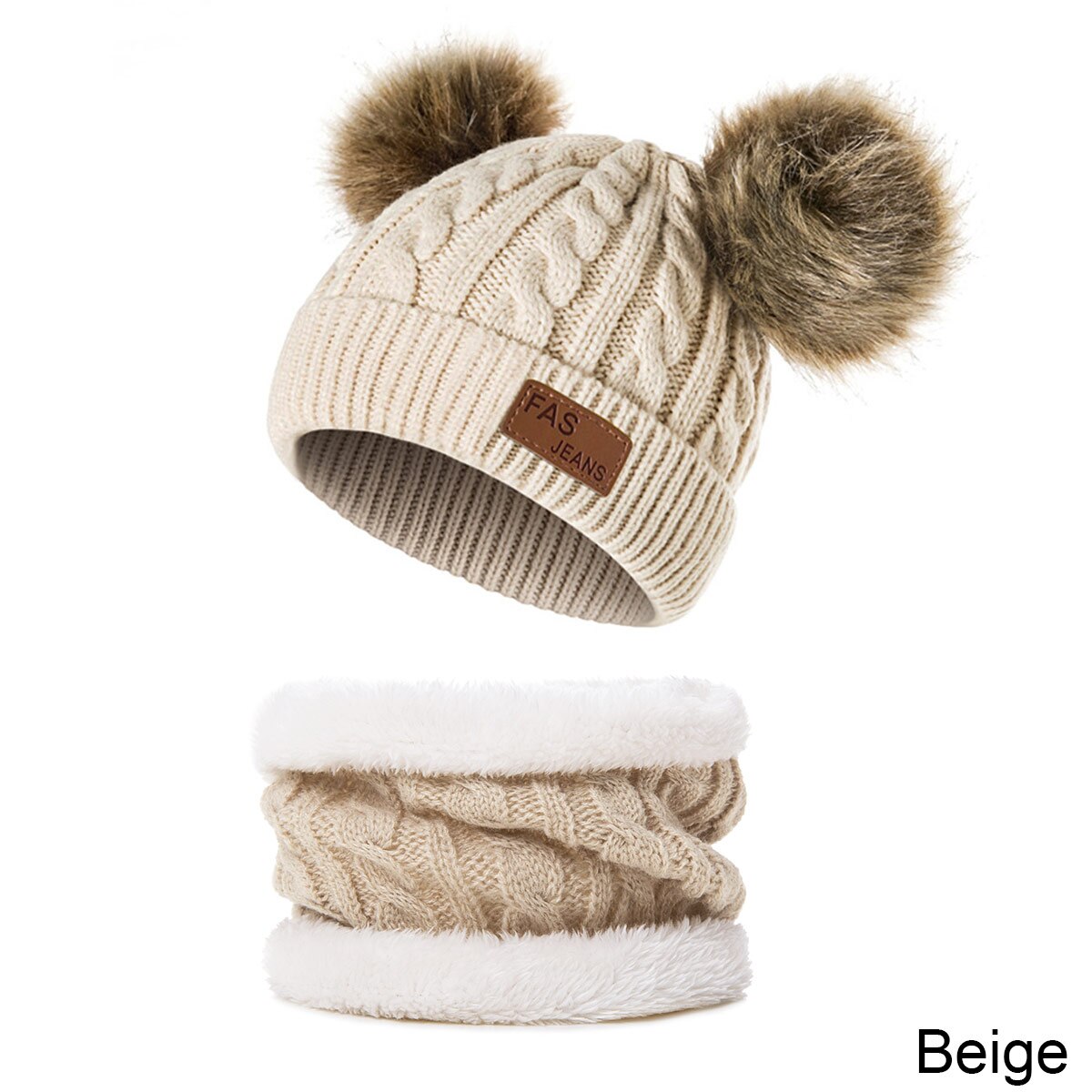 2 stk låve lue skjerf sett vinter varm baby lue strikket lue gutt jente luer skjerf vinter pluss fløyel tykk lue lue 0-3 år: beige
