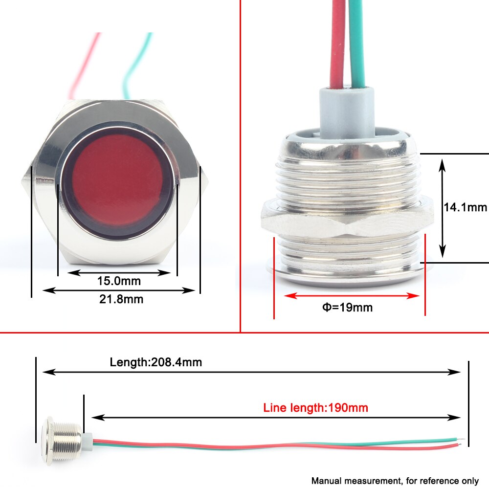 19mm Waterproof Metal Flat Round Indicat Signal lamp LIGHT with wire red yellow blue green 3-6V 12-24V 110-220V
