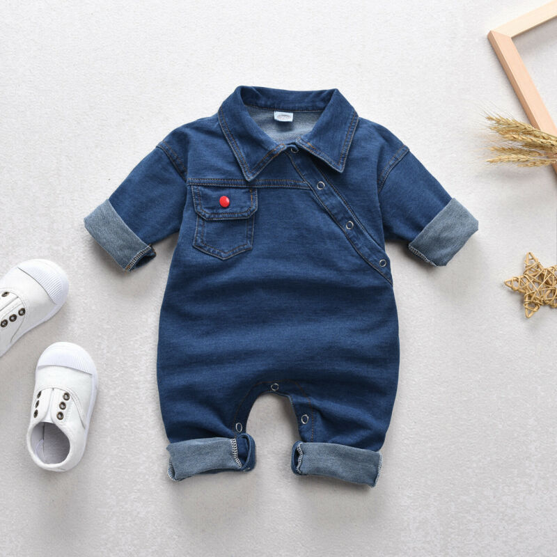 Toddler Kids Baby Girl Boy Denim Rompers Long Sleeve Turn-down Collar Jumpsuit Unisex Baby Autumn Clothes Solid Romper 0-4Y