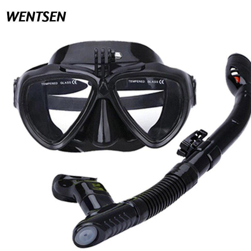 scuba dive mask kits Underwater snorkel deep diving equip full face goggles Suitable For Most Sport Camera: Pure black suit