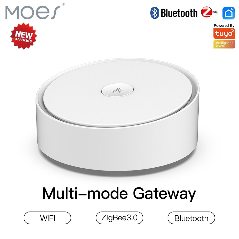 Das smarte multimode-gateway moes zigbee 3.0 wlan-bluetooth-mesh-hub ist kompatibel mit der tuya smart app und lässt sich per sprachsteuerung über alexa und google home bedienen.