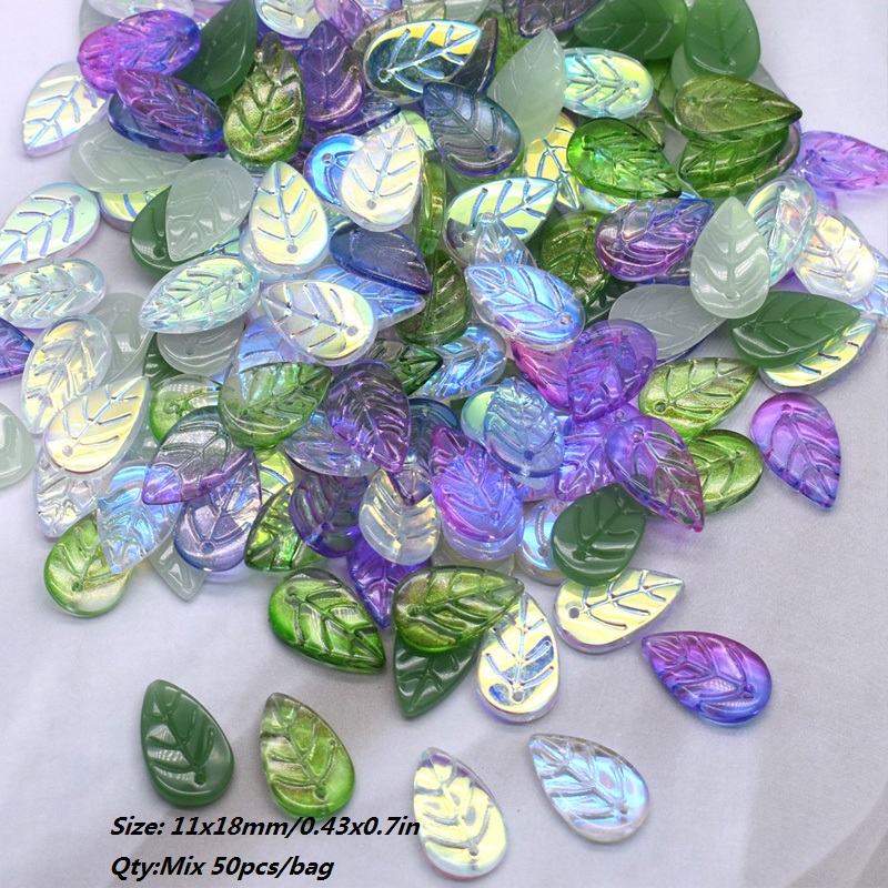 11x18mm 50pcs/Bag Green Glass Tree Leaves Charms Leafs Beads Pendants For Jewelry Making Handmade Glass Crafts Bracelet Earring: Gold-color