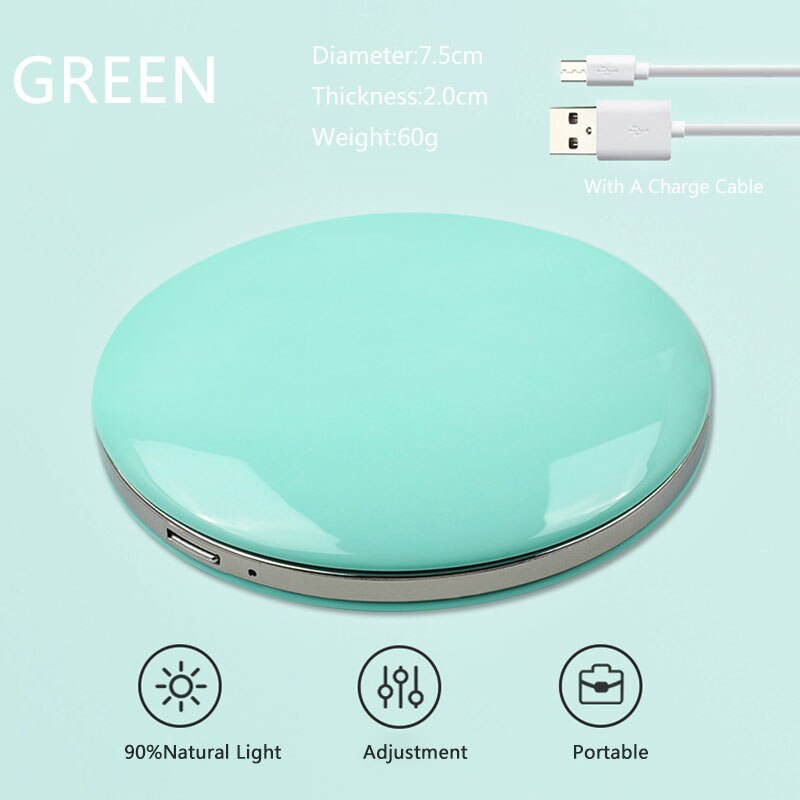 Mini espejo LED portátil luminoso espejo de maquillaje de carga USB con lámpara de maquillaje chica llevar espejo pequeño redondo para mujeres S1: green